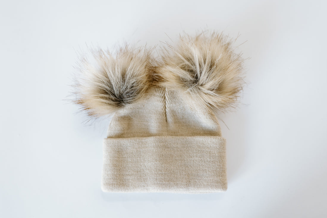Beige Double Pom Pom Beanie